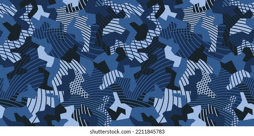 Patchwork sewing, camouflage background. Radio waves, striped radial pattern. Urban clothing style. Geometric camo repeat print. Blue colors texture. Vector seamless wallpaper