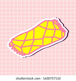 Patchwork style beach towel in yellow and pink colors sticker isolated on textured background. Cute sign girly element. Vector illustration in cartoon style. Clip art icons for design. Simple print.