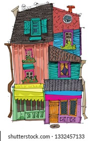 A patchwork style colorful facade of vintage house. Cartoon.  Caricature.
