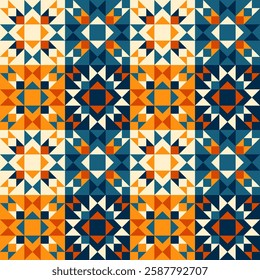 Patchwork style geometric pattern with blue and yellow accents, seamless repeating patterns, vector art style, simple shapes, flat color blocks, retro design