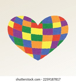 Patchwork Style Heart Shape Symbolizing Gender Diversity Joined by Love Valentines Day Creative Concept Blank Template - Rainbow Flag Colours on Cloth Texture Background - Vector Flat Graphic  Design