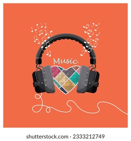 Patchwork style heart in studio headphones surrounded by notes on an orange background.Music poster, emblem, symbol. Vector illustration