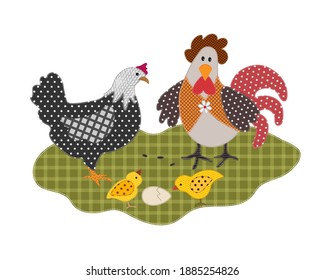 Patchwork style illustration of chicken family with rooster, hen and chickens on the lawn