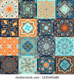 Patchwork  Style. Seamless Pattern of 16 decorative square ornaments in blue-orange colors. 