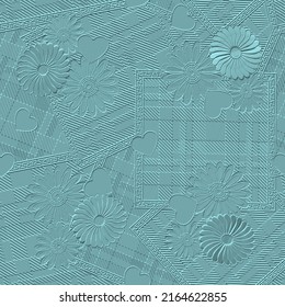 Patchwork tartan plaid 3D nahtloses Muster. Streifen mit floraler Prägung, Hintergrund. Wiederholte Reliefhintergrund gestrichen. Boss 3D Kamillenblumen, Liebesherzen, griechische Mäander Rahmen, Quadrate, Streifen, Linien.