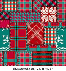 Patchwork textile pattern. Seamless quilting design background. Merry Christmas cozy pattern.
