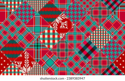 Patchwork textile pattern. Seamless quilting design background. Merry Christmas cozy pattern.