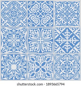 Patchwork texture from tiles in asian style in blue and gray. Abstract background. Geometric ceramic design tile