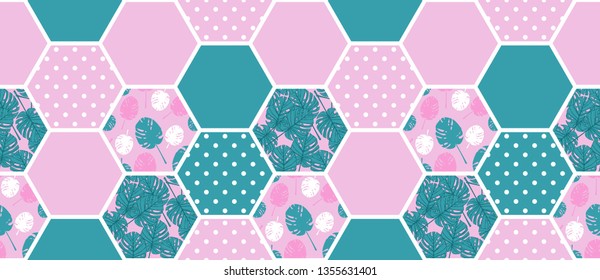Patchwork textures with palm leaves and dots. Summer seamless pattern. 