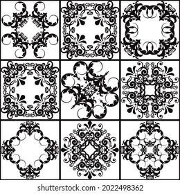 Patchwork tile. Majolica pottery tile. Portuguese and Spain decor. Ceramic tile in talavera style. Vector illustration.  Abstract  patchwork pattern with geometric and floral ornament