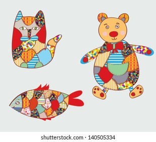 Patchwork toys - cat, fish, bear - funny design