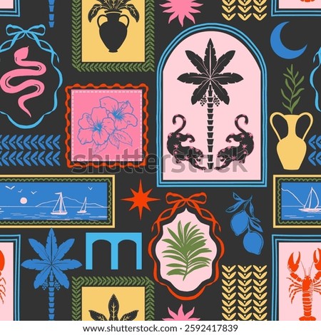Patchwork tropical pattern featuring silhouettes of arches and frames, palm trees, hibiscus, palm leaves, leopards, and elegant vintage vases. Includes whimsical elements 