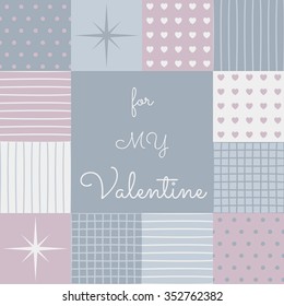 Patchwork for a Valentines Day. Made in pastel blue and pink tones. Collection of pattern. Composition with the template surface in the middle.