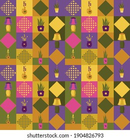 Parches con lámparas de jarrones y puntos. Tonos verdes amarillos y violetas. Diseño textil cuadrado de mosaico.
