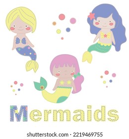 Patchwork Vector Drawing With Mermaids. Cute Vector Cartoon Mermaids.  Baby Shower, Greeting, Holiday And Invitation Card. Applique With Mermaids. Vector Baby Patchwork Illustration.    For Print