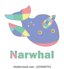 Patchwork vector drawing with a narwhal. Cute vector cartoon narwhal.  Baby Shower, greeting, holiday and invitation card. Applique with narwhal. Vector baby patchwork illustration. Print, web design