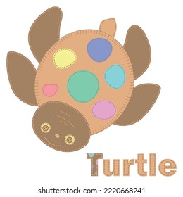 Patchwork Vector Drawing With A Turtle. Cute Vector Cartoon Turtle.  Baby Shower, Greeting, Holiday And Invitation Card. Applique With Sea Turtle. Vector Baby Patchwork Illustration.  For Print.