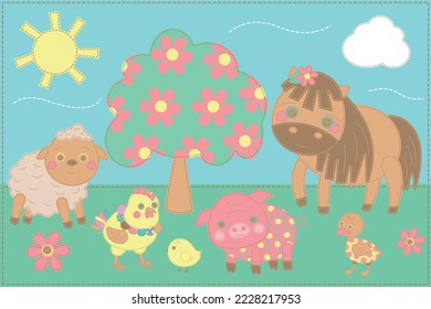 Patchwork vector set of pets. Applique with pets. Horse, duck, bird, goat, pig, hen, cow. Children's card for showers, greetings, holiday and invitations.  Vector children's patchwork illustration.