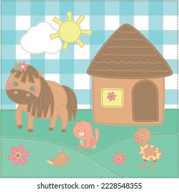 Patchwork vector set of pets on a farm. Applique with pets. Horse, duck, bird, cat. Baby shower, greeting, holiday and invitation card.  Vector children's patchwork illustration. For print.