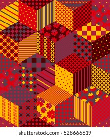 Patchwork in warm colors. Ethnic boho seamless pattern. Geometric tribal ornament. Vector illustration.