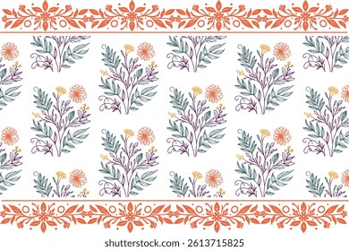 patchwork weave seamless pattern featuring ornamental flower border for traditional fashion women fabric

