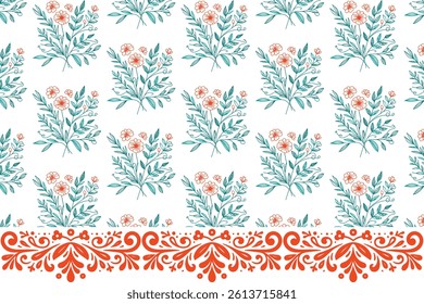 patchwork weave seamless pattern featuring ornamental flower border for traditional fashion women fabric

