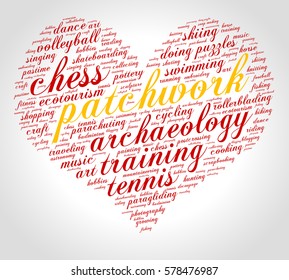 Patchwork. Word cloud, heart, italic font, grey gradient background. Hobby.