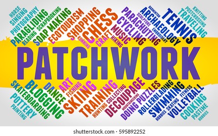 Patchwork. Word cloud, multicolor font, yellow stripe, grey gradient background. Hobby.