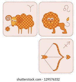 Patchwork-style zodiac signs: aries, leo and sagittarius. Vector illustration.