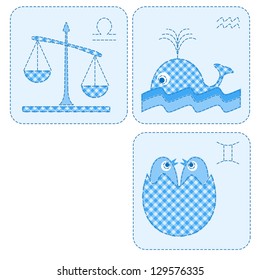 Patchwork-style zodiac signs: libra, aquarius and gemini. Vector illustration.