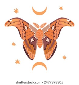 Patchy celestial moth with moon and stars.Flying magic  insect with animal ornament.Mystic symbol,occult and witchcraft sign.Vector colorful design for magical card,boho poster,t shirt print,sticker.