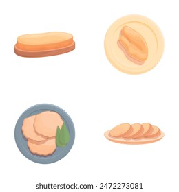 Pate meat icons set cartoon vector. Traditional foie gras dish. French food