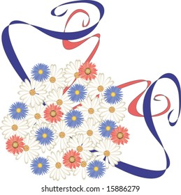 Patel bouquet of spring flowers with blue and red ribbons vector