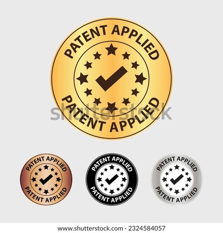 patent applied round with tick mark badge icon, symbol, sign, logo, emblem, sticker, inovation, isolated flat vector illustration. 