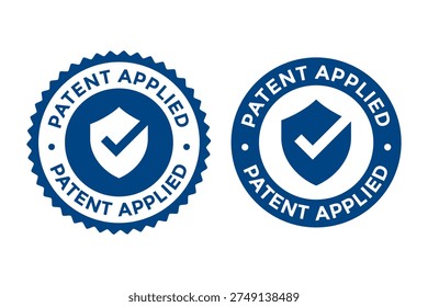 Patent applied seal icon with a shield and checkmark, perfect for certified products, intellectual property protection, and official registration marks.