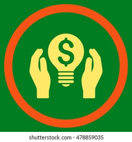 Patent Care vector bicolor rounded icon. Image style is a flat icon symbol inside a circle, orange and yellow colors, green background.