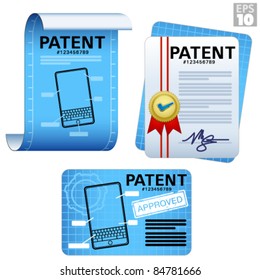 Patent documents, approved legal certificates, blueprints, paper scroll icons