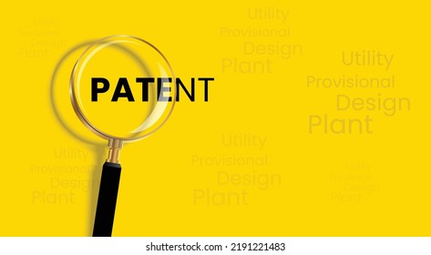 Patent and its four different types utility, provisional, design and plant. Banner and background design for patent on yellow background.