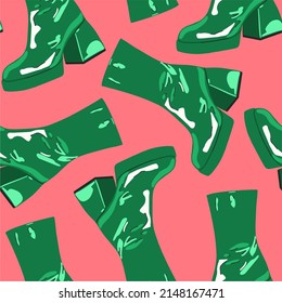 Patent green women's high heel thick heel boots, fashion shoes. Seamless pattern. Flat design, cartoon hand drawn, vector illustration. Template for printing.