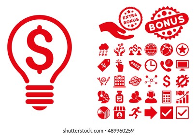 Patent icon with bonus icon set. Vector illustration style is flat iconic symbols, red color, white background.