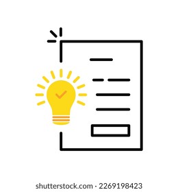 Patentsymbol mit Dokument mit gelber Glühbirne. Umriss einfaches, modernes Organisations-Logo-Design, isoliert auf Weiß. Konzept des Technologietransferzeichens oder Entwicklungsdoc mit Informationen