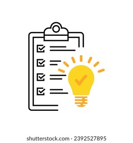 icono de patente con documento con bombilla amarilla. diseño simple y moderno de trazo de lotipo de organización simple aislado en blanco. signo de flujo de trabajo tecnológico o documento de desarrollo con información