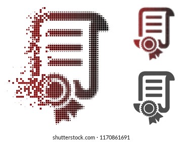 Patent icon in fractured, pixelated halftone and undamaged solid versions. Pieces are organized into vector dispersed patent icon.