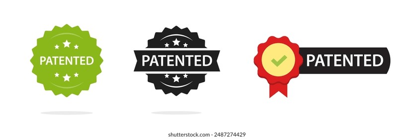 Patent icon stamp logo protected red black green symbol graphic illustration, registered trademark pictogram sign seal image clip art modern design set