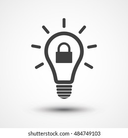 Patent idea or patented solution locked or protected light bulb icon. Intellectual property icon. Private property sign