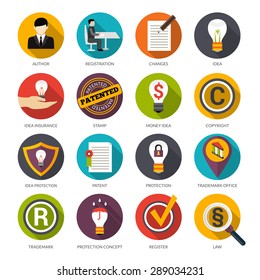 Patent Idea Protection Flat Icons Set With Author Trademark Copyright Symbols Isolated Vector Illustration