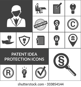 Patent idea protection and intellectual property icons black isolated vector illustration