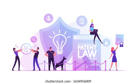 Patent Law Concept. People Protecting their Rights for Authorship and Creation of Different Mental Products. Safeguard with Dog Stand near Huge Shield with Lamp Icon. Cartoon Flat Vector Illustration