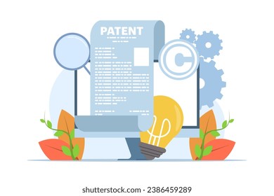 Concepto de derechos de autor de la ley de patentes, derechos de autor protegidos por la ley, protección de patentes, concepto de propiedad intelectual, símbolo de derechos de autor, documento jurídico electrónico, derecho digital. ilustración vectorial plana.