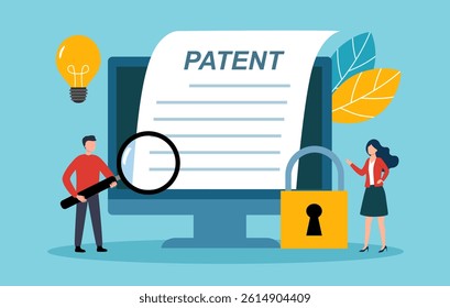 Patent law copyright concept, copyright protected by law, patent protection, intellectual property concept, copyright symbol, electronic legal document, digital law vector illustration.